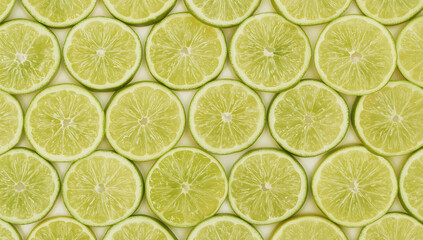 Repeating pattern of many green sliced lime fruits. Suitable for food or drink packaging design, tropicalthemed projects, and summer graphics.
