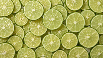 Slices of green limes showcasing vibrant insides. Perfect for food blogs, recipes, summerthemed designs, and healthy living concepts.