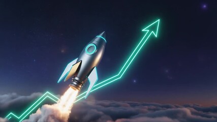 Silver rocket soaring through clouds with neon accents, futuristic space footage. - Powered by Adobe