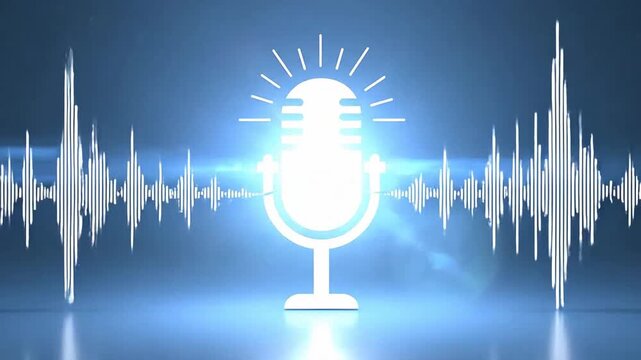 Microphone icon with sound waves on a dark blue background, podcasting concept.