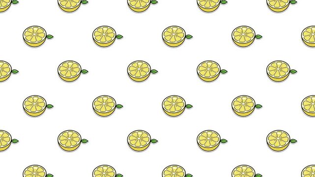 A seamless loop of hand-drawn stylized lemon slices floating across a clean white background. Vibrant, 2D flat-style animation features a playful parallax effect, perfect for summer-themed content