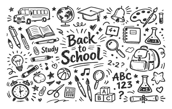 Back to School Education Vector Illustration with School Supplies, Backpack, Books, Pencil, Chalkboard and Classroom Elements in Doodle Sketch Style 