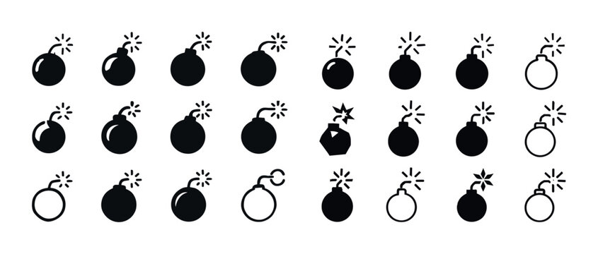 Collection of simple black bomb icon designs with fuses