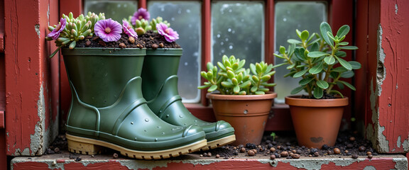 Green rubber boots with flowers and plants on a windowsill  
