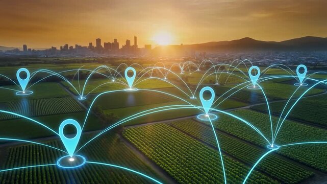 Smart farming network connecting fields at sunset, agriculture footage representing precision farming.