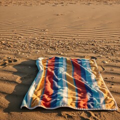 A faded, striped beach towel draped over sun-warmed sand, suggesting a recent departure from the vibrant peak of summer, sunlight, cloth, holiday