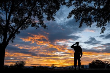 Silhouette of military soldier saluting against a stunning sunset sky with vibrant orange and purple clouds, embodying patriotism and honor in a serene dusk atmosphere