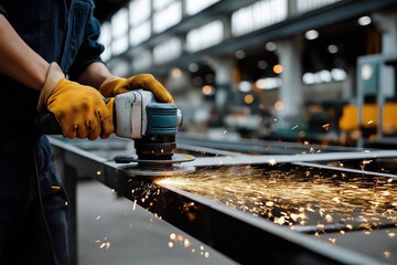 Worker using angle grinder on metal surface, bright orange sparks erupting, wearing yellow leather gloves, showcasing intense craftsmanship in a factory workshop environment