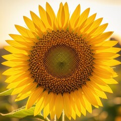 A vibrant, detailed close-up of a giant sunflower head glowing golden yellow, capturing the essence of the bright, powerful summer sun, detail, natural, sunflower
