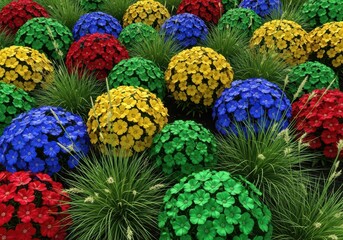 A vibrant, dense flowerbed showcasing the wild beauty of cultivated plants intertwined with natural grasses, thriving in the warm summer sunlight, petals, blooming, flowers