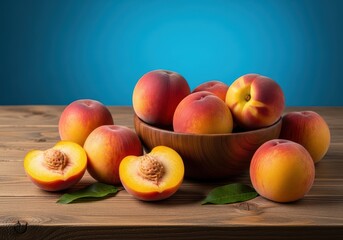 A vibrant summer festival scene with fresh, ripe peaches displayed prominently on a rustic wooden table, suggesting a seasonal holiday celebration, gathering, decoration, picnic
