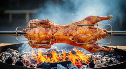 A whole suckling lamb slowly rotates on a heavy metal skewer, roasting over hot embers and wood coals outdoors, preparing a delicious feast, dinner, celebration, skewered