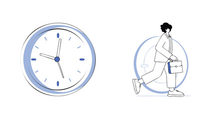 A vector illustration of a busy professional rushing to work on time with a briefcase and a large clock showing the importance