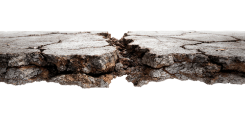 Fragmented asphalt, split down the center against a stark black backdrop. Cracks show texture