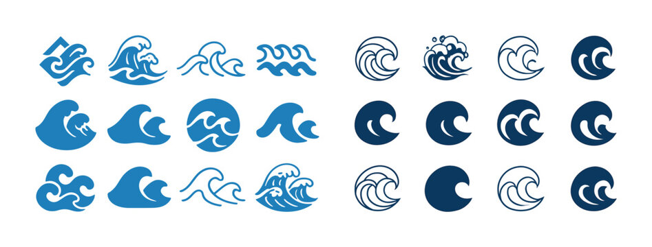 Collection of blue wave symbols in various artistic designs