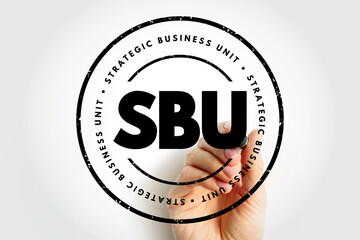 SBU strategic business unit stamp with hand holding marker, circular corporate imprint highlighting organizational structure, management strategy, enterprise planning