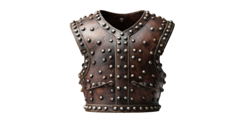 A weathered brown leather vest, adorned with numerous metallic rivets, isolated on black