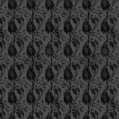 Fototapeta premium Seamless dark damask floral pattern with black ornaments on grunge background. Dramatic vintage design perfect for luxury wallpaper, textiles, and gothic decor.