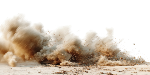 A dynamic burst of dust and debris, rendered with realistic detail against a black background
