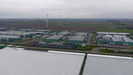 Aerial view of sprawling greenhouses contrasting with the stark, geometric lines of data centers under a muted sky, Middenmeer, Netherlands.