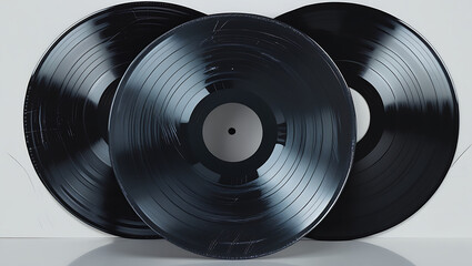 Classic black vinyl records with circular white labels center-stage, glossy surfaces reflecting light, HD and 4k image
