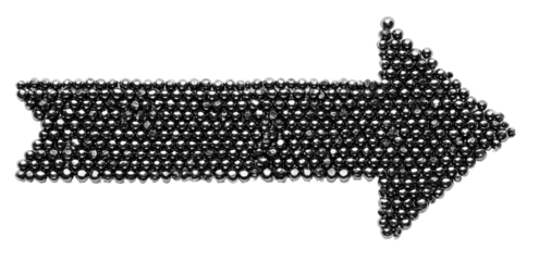 A metallic arrow made of many small shiny spheres, pointing to the right, on a black background