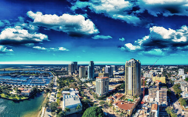 Panoramic aerial view of St Petersburg skyline at sunset, Florida