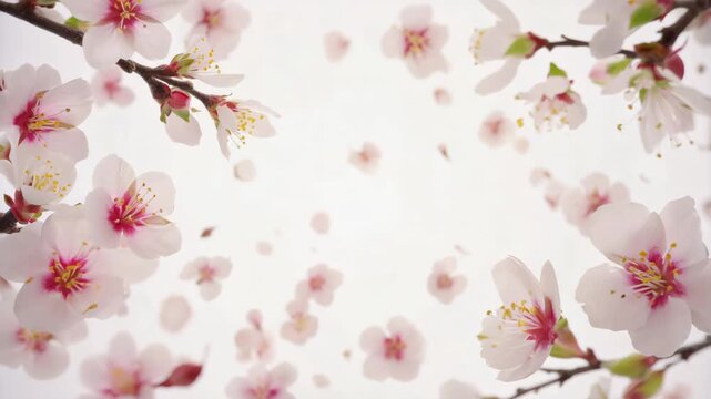 Beautiful spring almond blossoms on a tree branch with delicate falling petals. Panoramic floral nature background for a website header or seasonal design