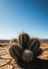 Extreme close-up of sharp desert flora, highlighting the dangerous texture and arid environment under harsh sunlight and vast blue sky, environment, heat, sunbaked