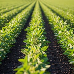 Healthy green soybean plants with developing pods growing in straight rows under bright summer sunlight in fertile soil, field, plant, commodity