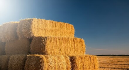 Large rectangular bales of golden straw stacked high on a rural farm field after harvest, waiting for transport or storage, grain, sunlight, rectangular