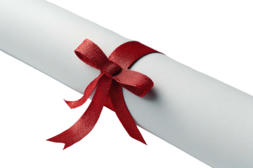 A rolled white document tied with a bright red ribbon (1)
