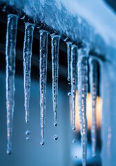 Long, sharp, clear ice formations hanging from an eave, dripping water drops below, capturing the cold essence of a harsh winter day, chill, roof, formation