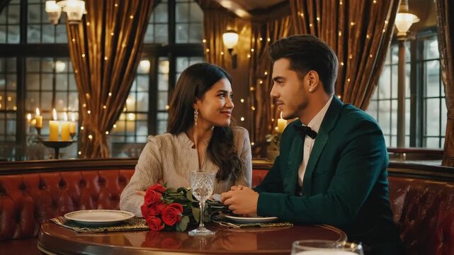 Elegant young indian couple on a romantic dinner date in a luxurious restaurant. Man and woman celebrating their anniversary with red roses and candlelight in a fine dining setting