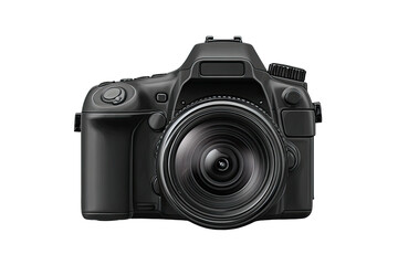 Digitally rendered illustration of a black, modern DSLR camera, isolated on a black background