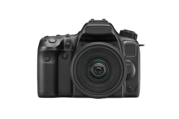 A sleek, professional-looking, digital single-lens reflex camera is displayed against a black background
