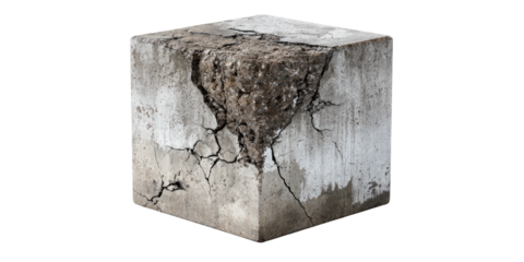 A cracked and weathered concrete cube, revealing internal aggregate on a black background