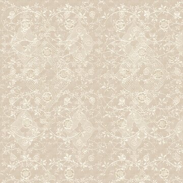 Seamless lace-style floral ornament pattern in warm beige tones. Elegant neutral vintage design ideal for classic wallpaper and textile use.