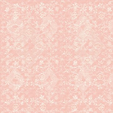 Seamless lace-style floral ornament pattern in blush pink tones. Romantic vintage design perfect for weddings, wallpaper, stationery, and fabrics.