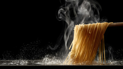 Fresh noodles boiling in a saucepan on a black background