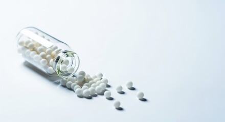 Tiny white sweet pellets used in complementary medicine treatments scattered next to a small glass bottle for alternative healing methods, science, pharmaceutical, purity