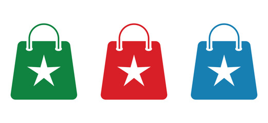 Three colorful shopping bag icons with white star symbols, green and red and blue retail graphics