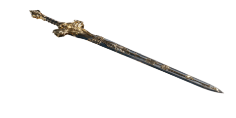 Intricately designed longsword with ornate gold hilt and blade against a stark, black background