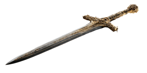 A detailed image of a sword with an ornate hilt and a long, sharp blade against a black background