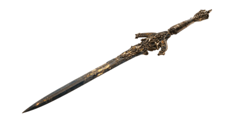 A detailed image of an ornate, golden sword against a dark background, showing intricate designs