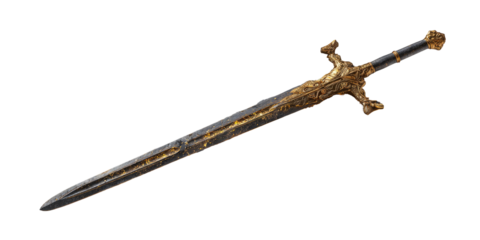 Ornate longsword with gold accents and a black grip, isolated on a black background