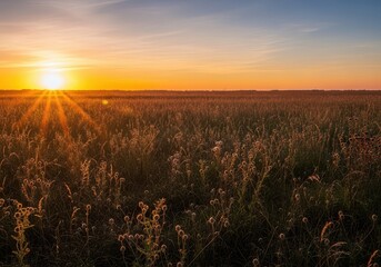 Warm golden hour sunlight streams horizontally across a vast, dry summer field, creating a dazzling soft glow and long shadows within the tall grasses, rustic, golden, sun