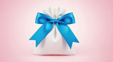 White drawstring sack tied with a bright blue ribbon bow, isolated on a light pink pastel background, offering generous space for text, simple, soft, template