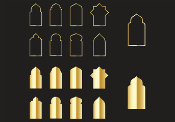 Islamic architectural window and door silhouettes in gold, collection of elegant oriental arch shapes