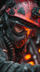 Cinematic portrait of a miner wearing protective helmet and mask, water drops, industrial lighting, hazardous conditions, tension, strength.